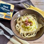 Spaghetti aux poireaux, lardons et sauce fromagère